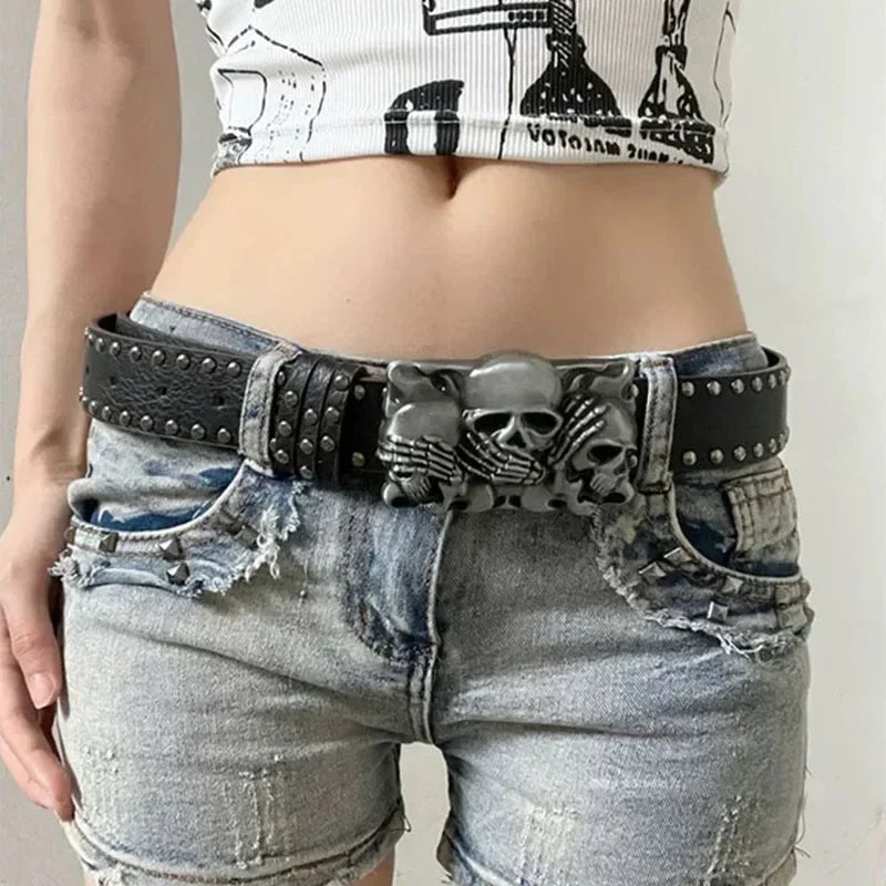 Women's Punk Skull Belt Harajuku Gothic Y2K Rivets Skeleton Hand Decoration Belt Men Girls Leather Belt Halloween Accessories
