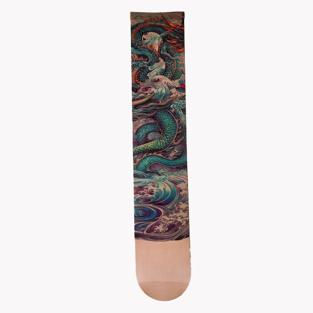 Fashion Simulated Tattoo Single-leg Socks Sexy Perspective Tattooed Stockings Mesh Personality Printed Thigh Socks Unisex