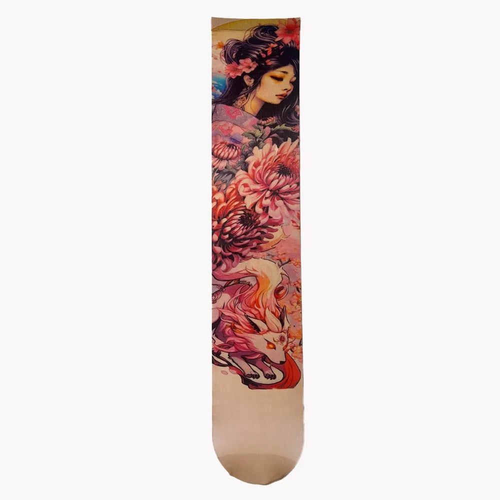 Fashion Simulated Tattoo Single-leg Socks Sexy Perspective Tattooed Stockings Mesh Personality Printed Thigh Socks Unisex