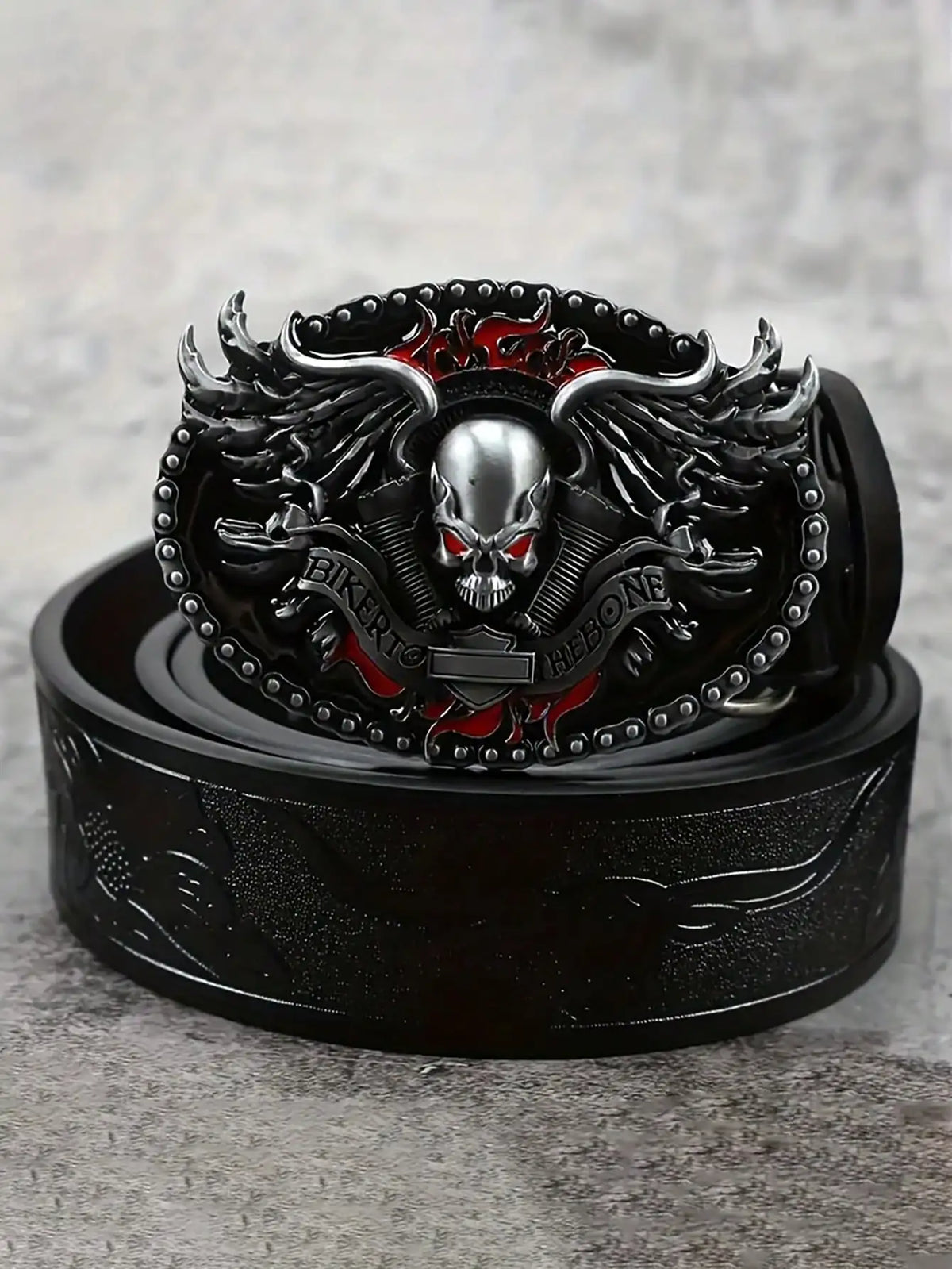 HERSHINE Men's Vintage Embossed Leather Belt (1 Piece), Skull Ghost Buckle, Y2K Gothic Punk Rock Hip Hop Accessory，spring，summer