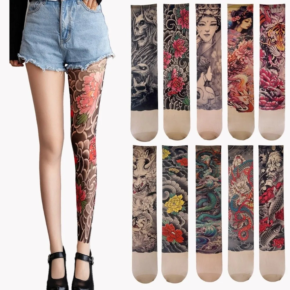 New Simulated Tattoo Single-leg Socks Perspective Mesh Printed Thigh Socks Sexy Personality Tattooed Stockings Unisex