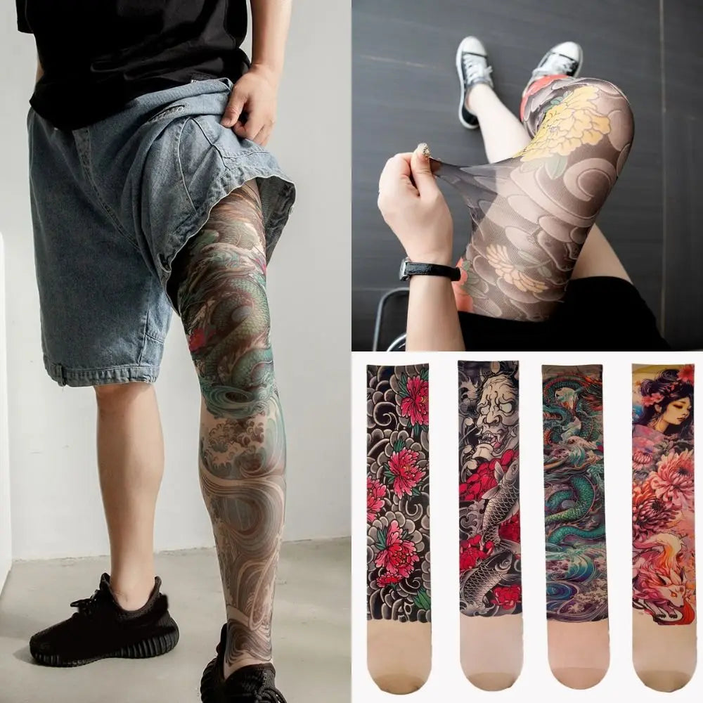 Fashion Simulated Tattoo Single-leg Socks Sexy Perspective Tattooed Stockings Mesh Personality Printed Thigh Socks Unisex