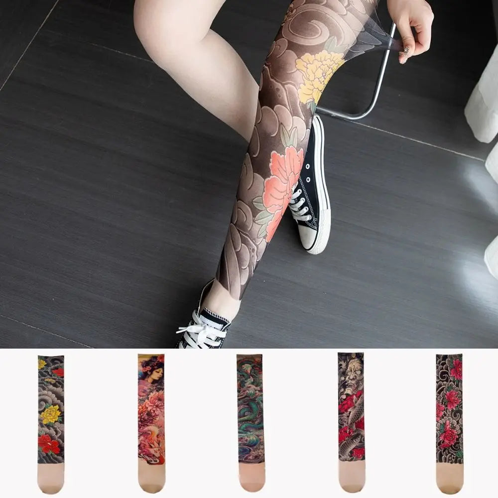 New Simulated Tattoo Single-leg Socks Perspective Mesh Printed Thigh Socks Sexy Personality Tattooed Stockings Unisex