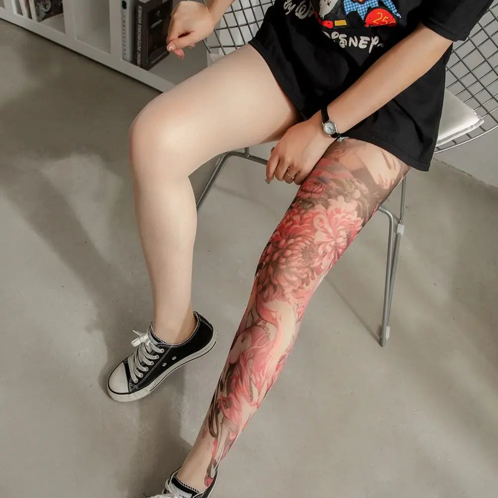 New Simulated Tattoo Single-leg Socks Perspective Mesh Printed Thigh Socks Sexy Personality Tattooed Stockings Unisex
