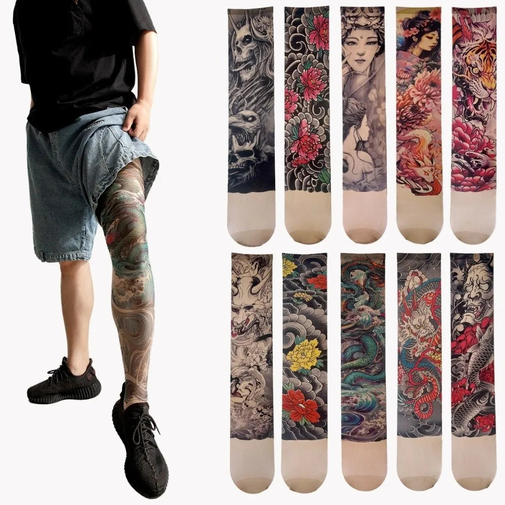 Fashion Simulated Tattoo Single-leg Socks Sexy Perspective Tattooed Stockings Mesh Personality Printed Thigh Socks Unisex