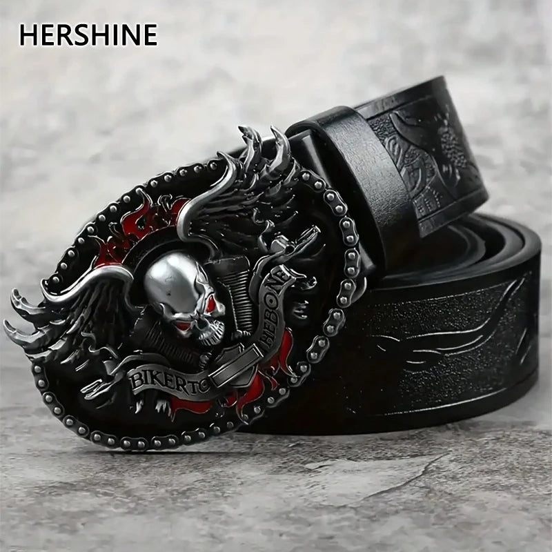 HERSHINE पुरुषहरूको भिन्टेज एम्बुस्ड (उभारदार बुट्टा भएको) छालाको बेल्ट (१ थान), स्कल घोस्ट बकल, Y2K गोथिक पंक रक हिप-हप एक्सेसरी, वसन्त र गर्मी मौसमका लागि उपयुक्त Main image